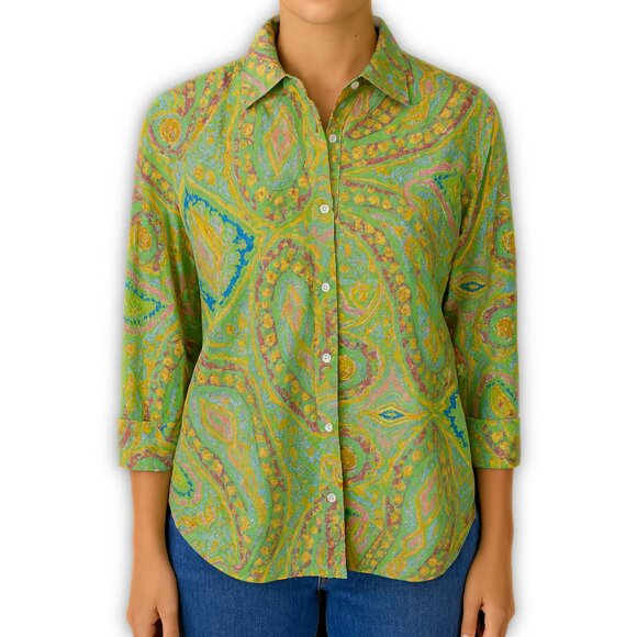 Lauren Ralph Lauren Button Down Shirt Boho Paisley Green Cotton 1X - Picture 11 of 11